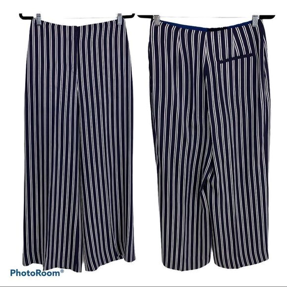 Diane Von Furstenburg Blue Striped Twill Wide-leg Pants - Picture 3 of 11